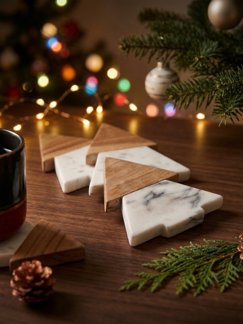 Marble & Wood Tree Coasters - White and Brown Holiday Set